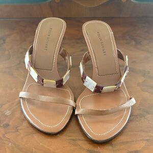Colin Stuart Tan Leather Slide Sandals with Gold & Cream Chain Accents